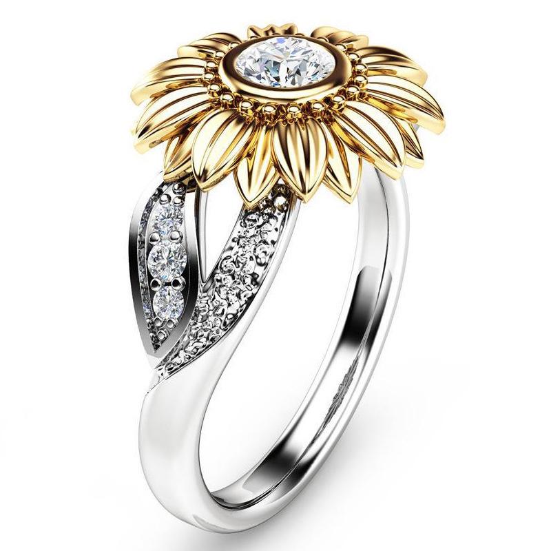 

Two-Tone Sunflower Fashion Ring: Diamond-Set White Gold Ring for Women Size 10