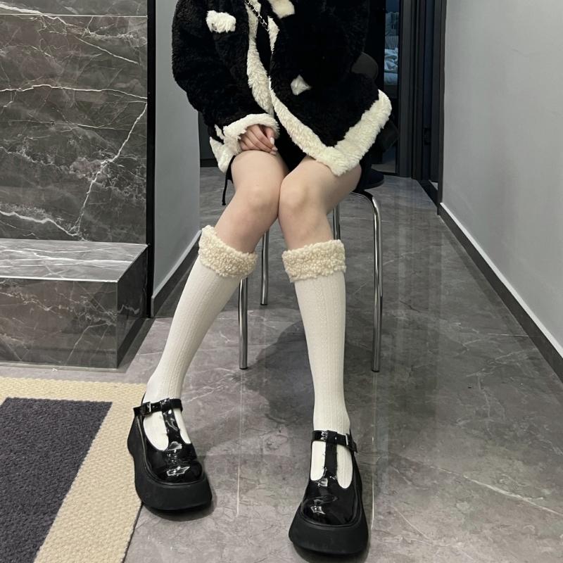 Women Winter Calf Length Boots Socks Japanese Style Cute Faux Lamb Wool Furry Trim Pompom Bowknot Stockings Leg Warmer