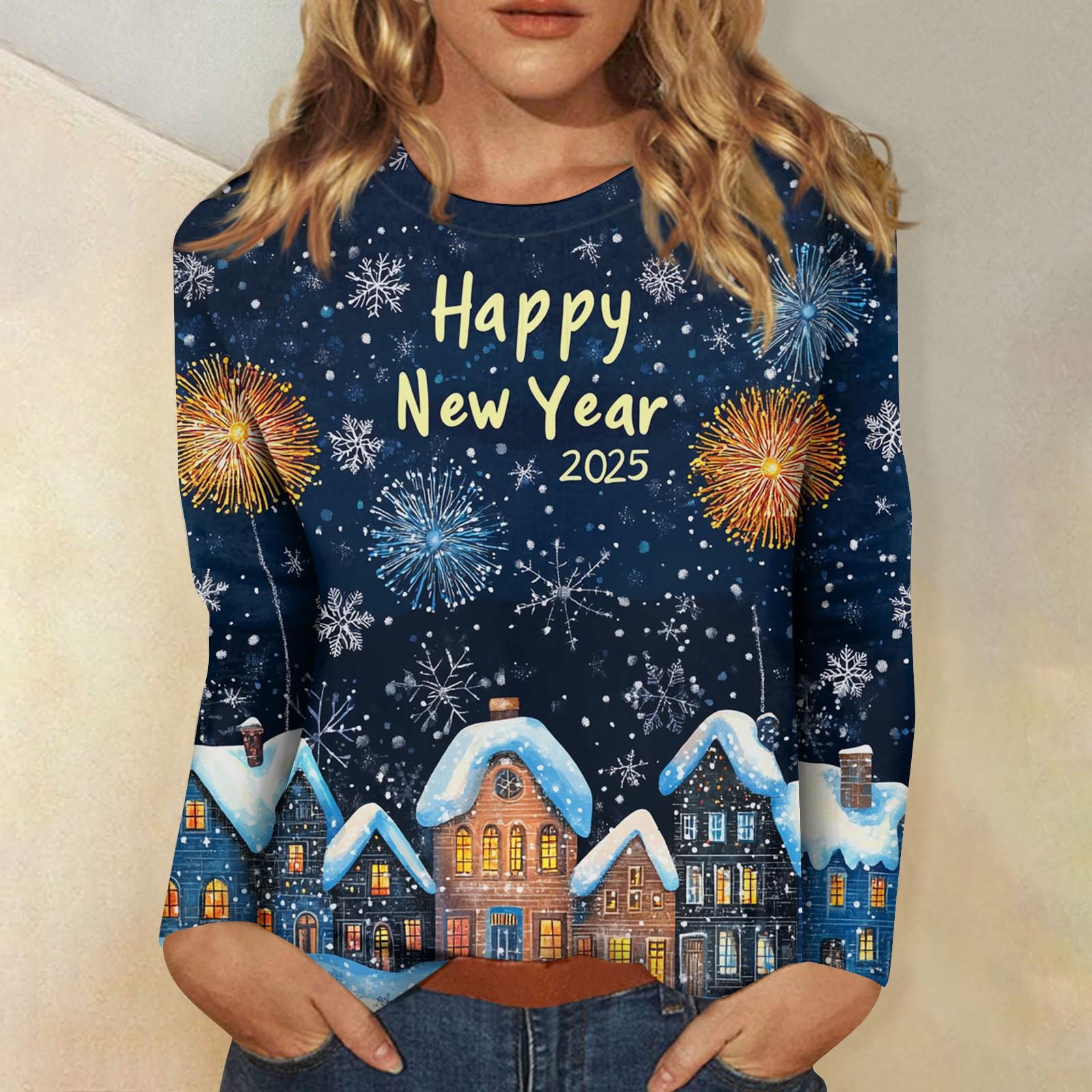 

Женский повседневный модный сексуальный удобный рождественский принт с круглым вырезом и длинными рукавами XXXL тёмно-синий