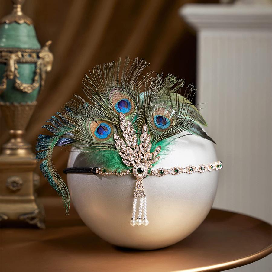 New Peacock Feather Headband 1920s Flapeer Girl Headpiece with Rhinestone Tassel Vintage Party Photography Hair Accessories