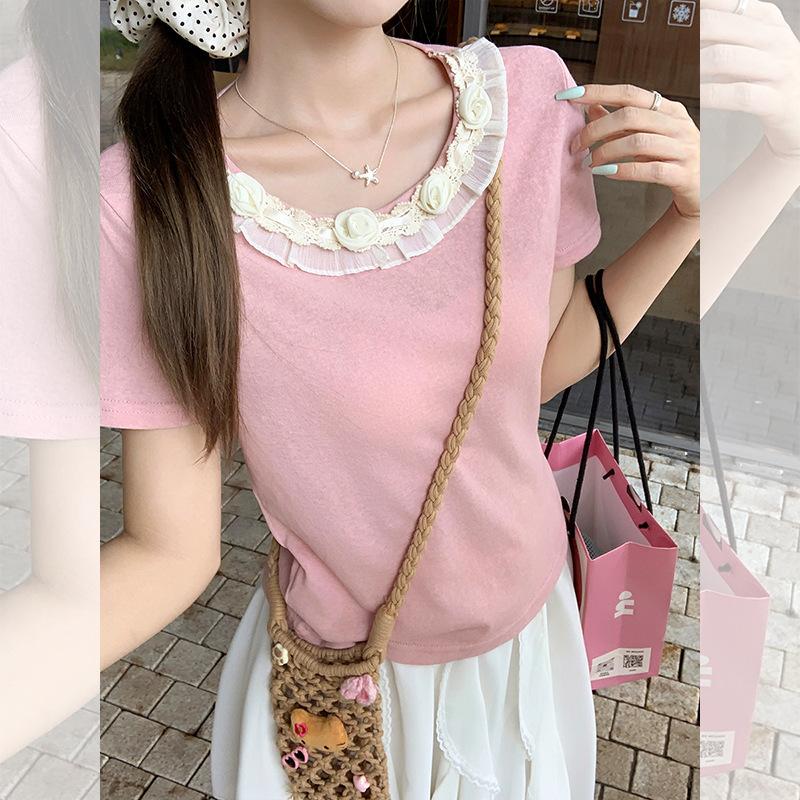 High-end Design Three-dimensional Flower Round Neck Front Shoulder Short-sleeved T-shirt Women's Summer Pink Sweet and Chic New Top
