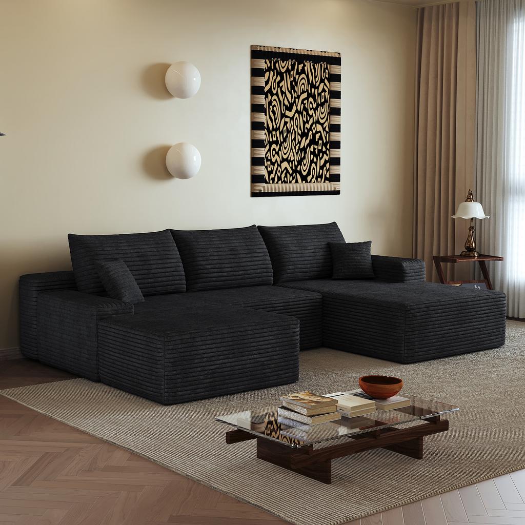 270cm Boneless Modular Corner Sofa, with L-Shaped Chaise Longue, with Deep Seat, No Assembly Required, Sofa for Living Room, Bedroom, Apartment, Black