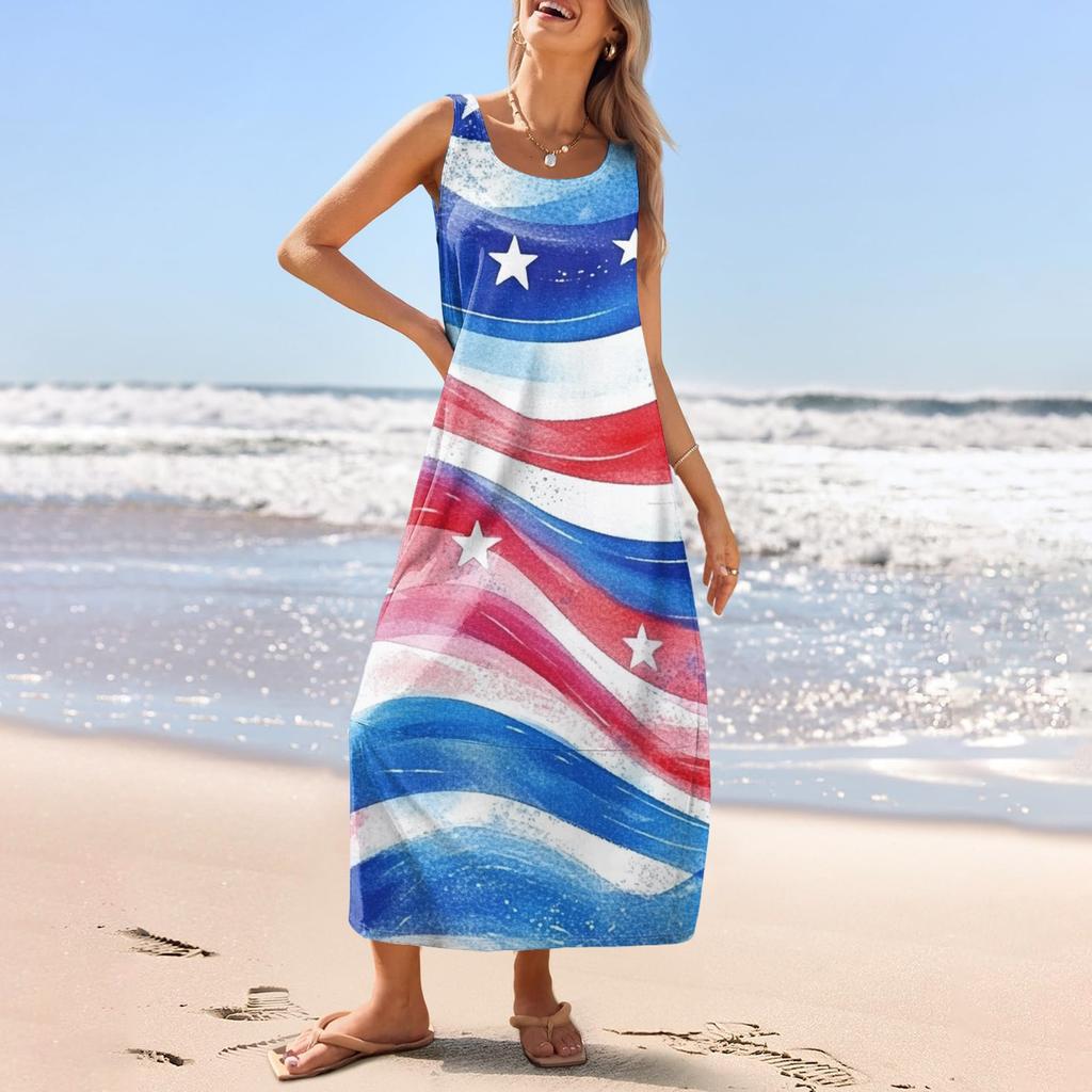 Women's Casual Long-length Sundress Summer Beach Dress Round Neck Sleeveless Loose Sundress