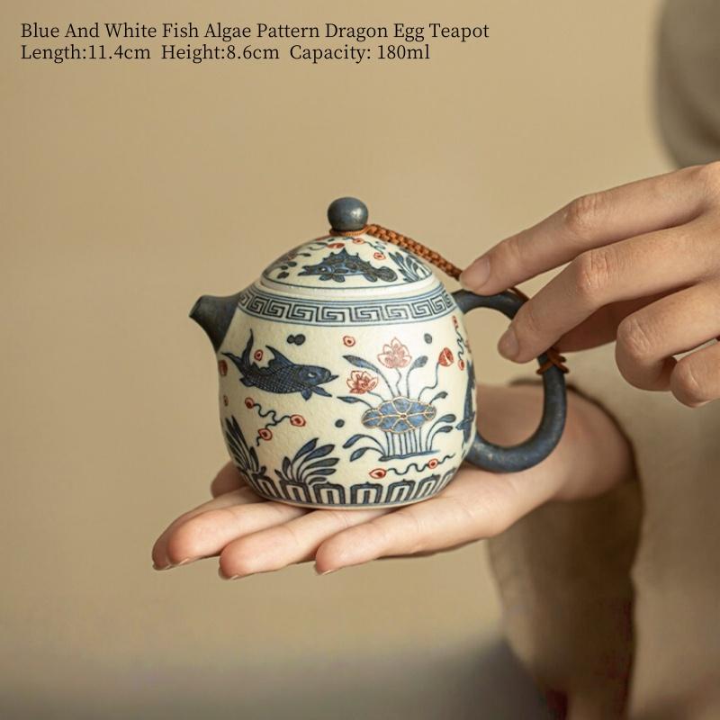 

180ml Blue And White Fish Algae Pattern Retro Glazed Teapot Chinese Ceramic Tea Kettle Tea Ceremony Tea Maker Kung Fu Tea Pot