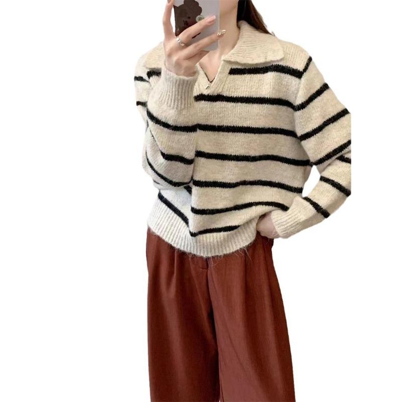 Lapel pullover sweater women's spring and autumn new simple contrasting stripes lazy versatile loose knitted sweater