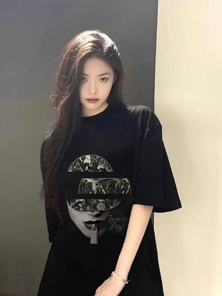 

Women s Summer Loose Fit Retro Hip Hop Face Print Cotton T-Shirt XL чорний
