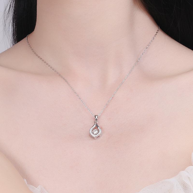 Sterling Silver Korean-Style Water Drop Pendant Women's Luxury Dancing Heart Necklace