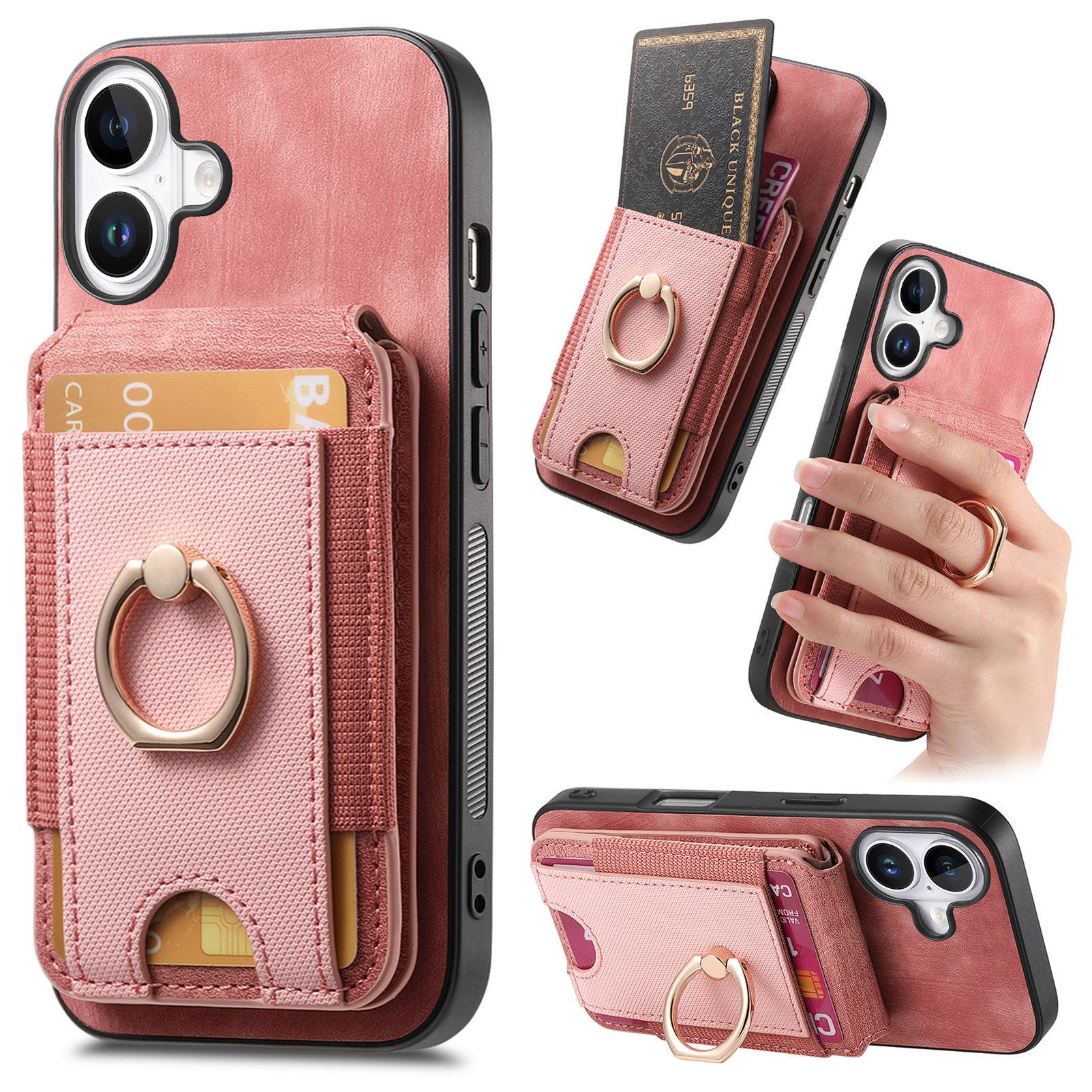 

For iPhone 16 Case with Detachable Card Holder Kickstand Leather Back Cover