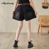 Plus Size Verão Feminino Streetwear Preto Denim Shorts Cintura Alta Casual Solto Perna Larga Rebite Shorts Elegante Buracos Shorts Com Cinto