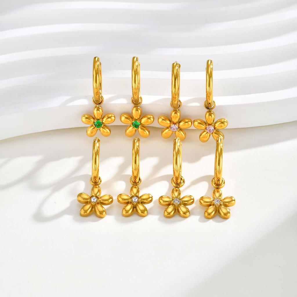 Vintage Luxury Zircon Flower Charms Huggies Hoop Earrings,18k Gold Plated Stainless Steel Earrings, Christmas Gift for Her