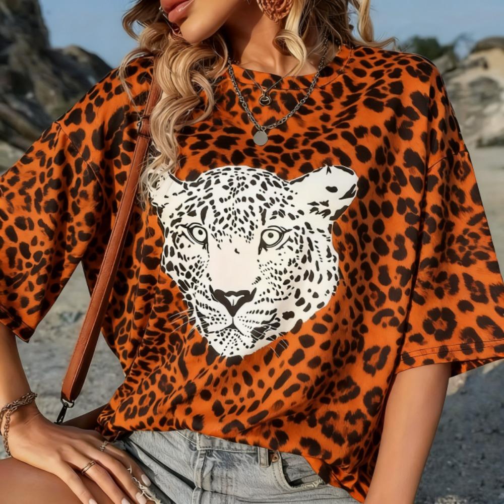 Summer Europe and America Leopard Print T Shirt Women's Short Sleeve Casual Tee Tops Women Retro Street Fashion Oversize T-shirt Clothing