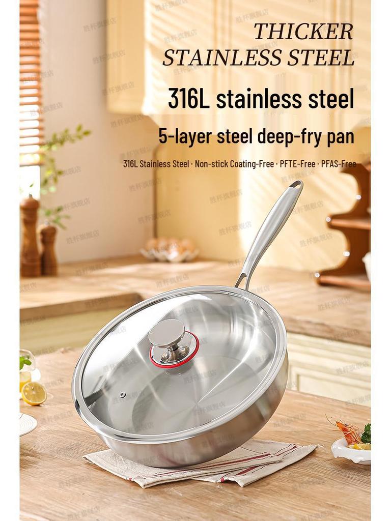 316 Stainless Steel Non-Stick Wok, Flat Bottom, Induction Compatible, Deepened Stir-Fry Pan