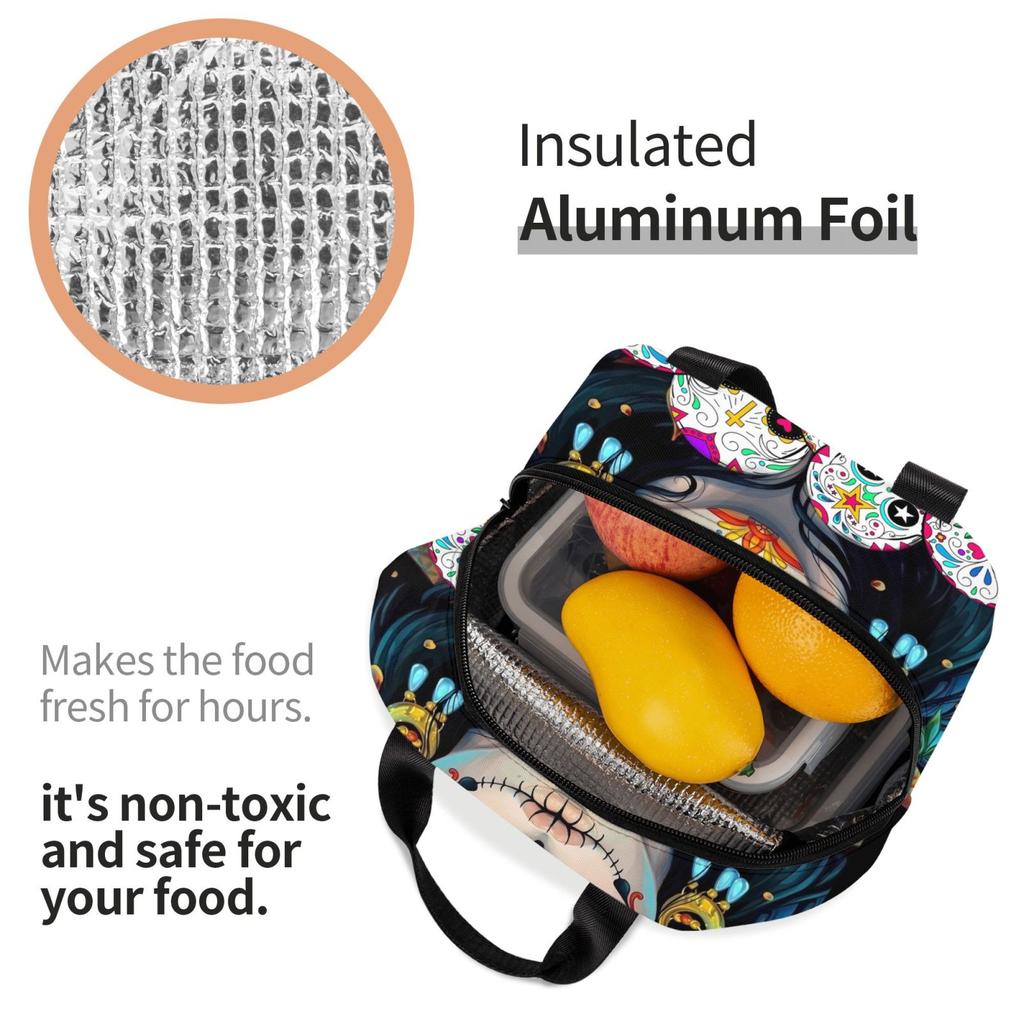 Day of The Dead Mexican Catrina Skull Print Lunch Bag Portable Thermal Cooler Insulated Bento Box for Kids Food Tote Bags