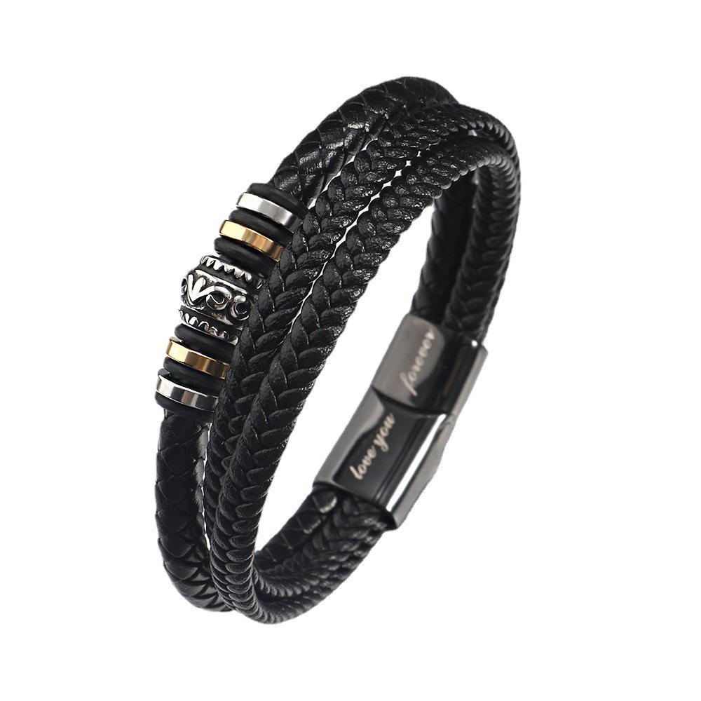Men's Titanium Steel & Leather Engraved Bracelet Set with Stainless Steel Layers