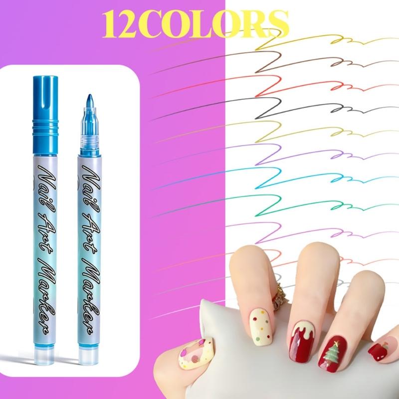 12 Color Quick Dry Nail Art Pens Fine Tip for Precise Drawing Not Require Lamp Water Based Safe for DIY Manicures