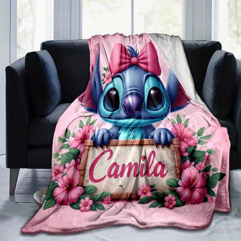 1 szt. Koc z nadrukiem Stitch - Miękki, całoroczny pled do salonu, sypialni, spersonalizowany prezent z uroczym wzorem kreskówkowym