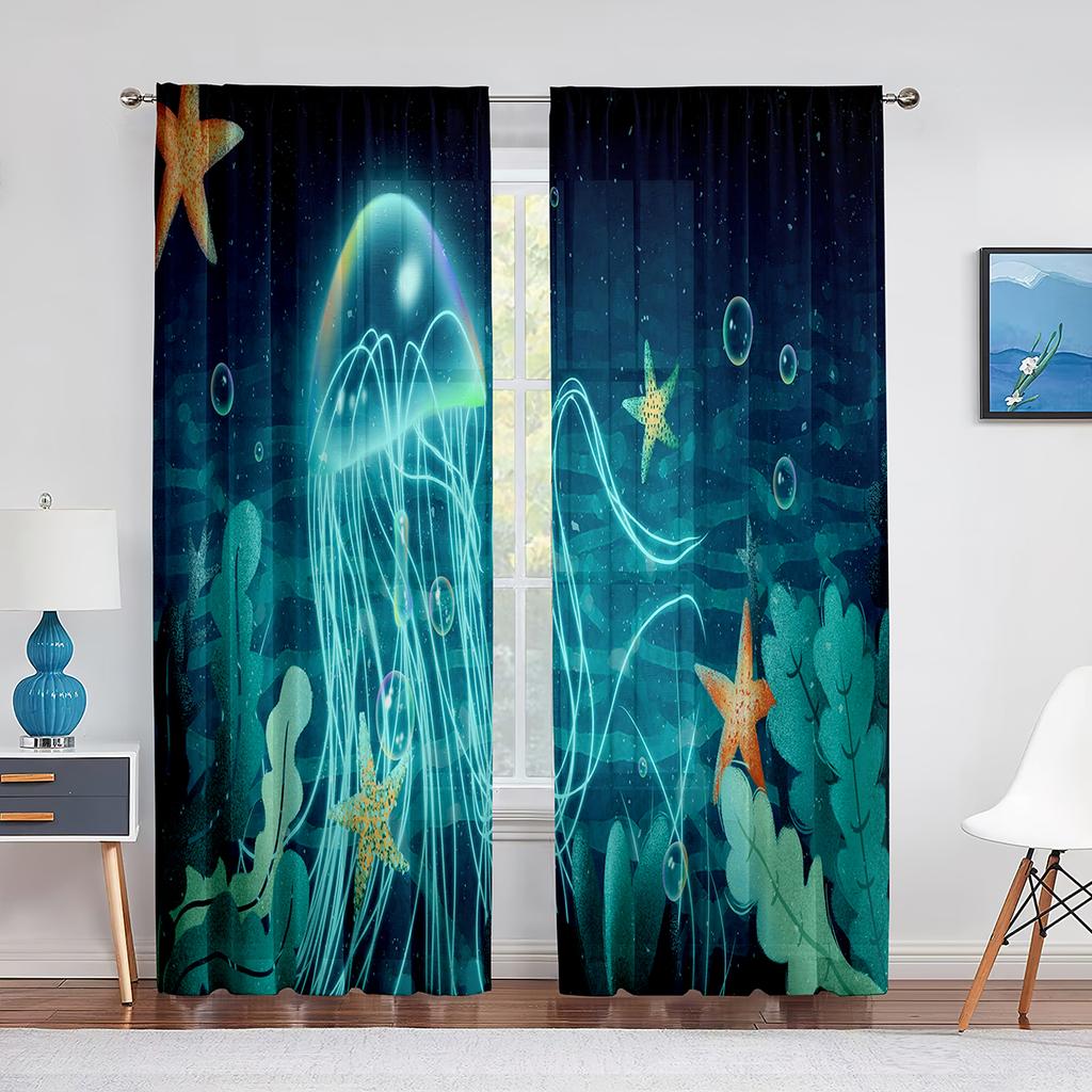Jellyfish In The Deep Ocean Window Tulle Curtains Foamy Dreamy Blue Ocean Sheer Voile Curtain for Living Room Bedroom Decoration