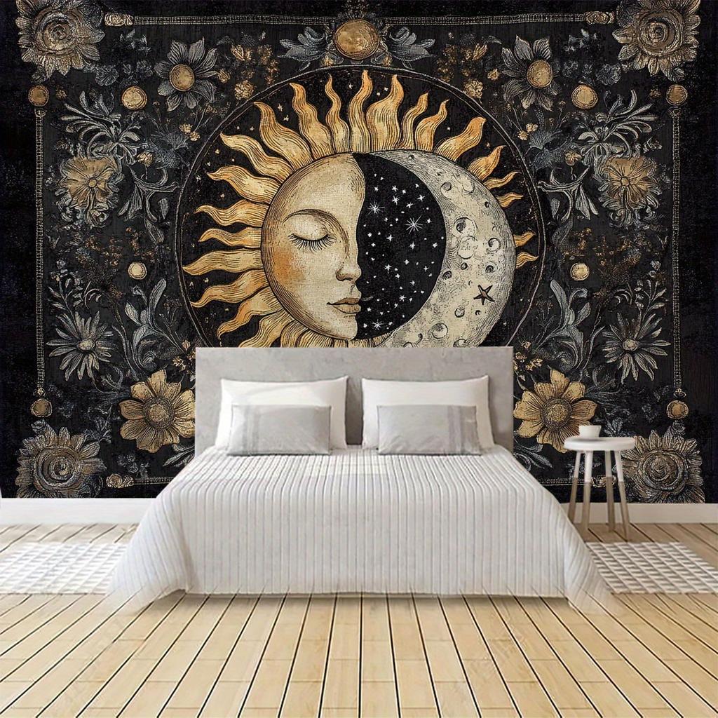 1pc Celestial Sun & Moon Tapestry - Dual Design w/Stars & Floral, Wrinkle-Resistant Wall Hanging for Living Room/Bedroom