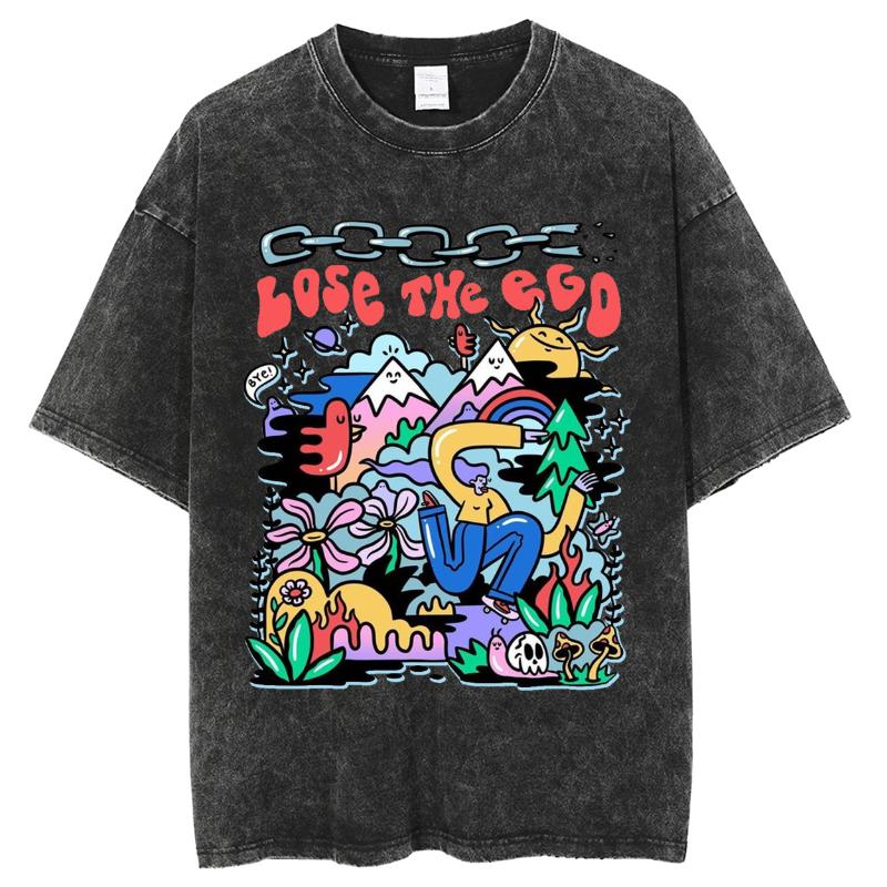 Cartoon Printed Couple T-shirt Street Casual Style Imitation Denim Loose Fabric Summer Female Round Neck Short