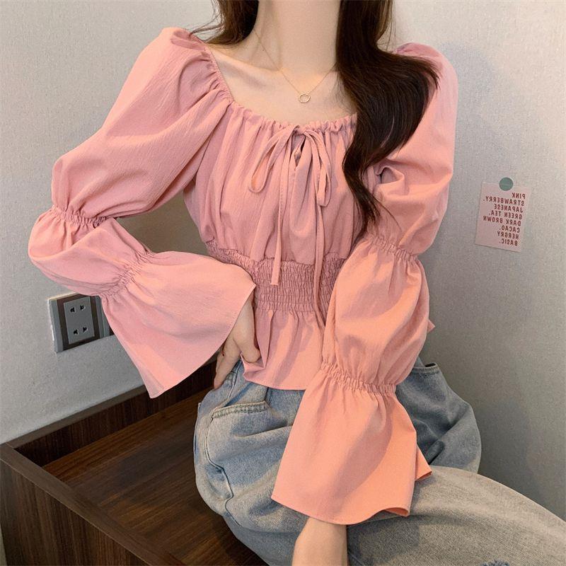 French Puff Sleeve Ruffle Top: Niche Design, Gentle Clavicle Style, Waist-Cinching, Versatile & Elegant
