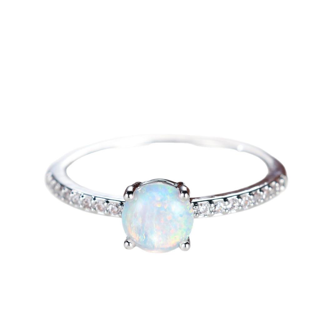 White opal ring, round opal jewelry with diamonds, gentle design