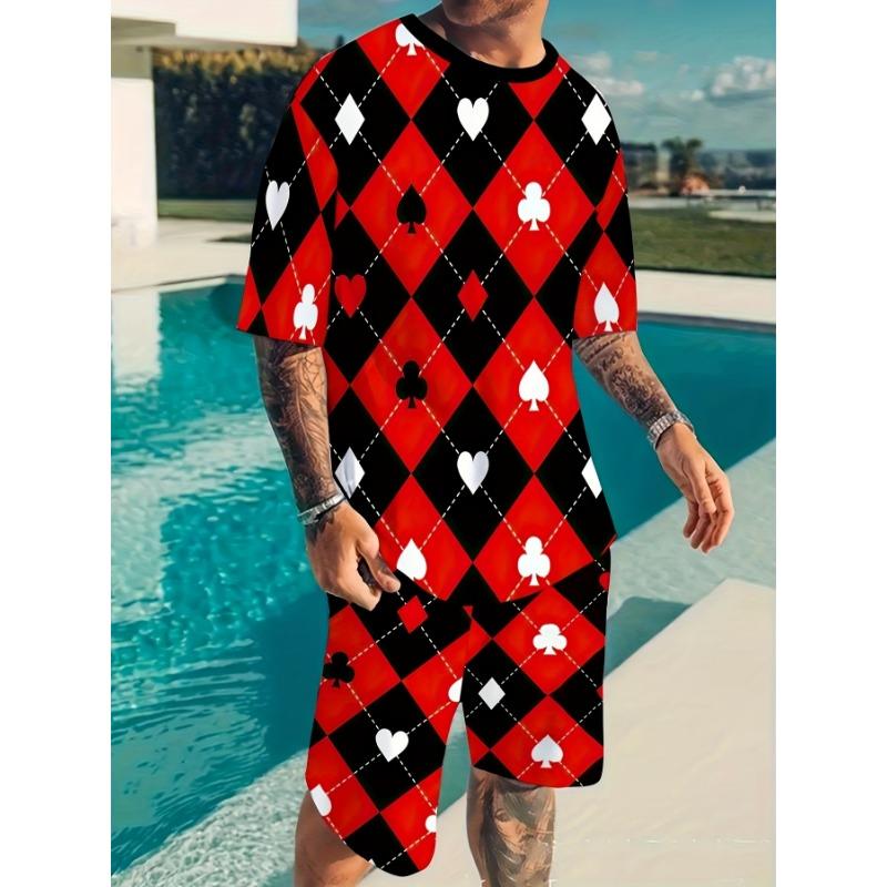 Men's Sportswear Two-piece Set of Round Neck Short Sleeved Shorts Set 3D Playing Card Splicing Men's Leisure Set