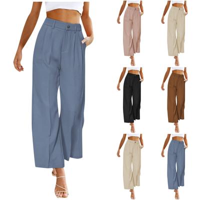 Women's Color Casual Wide Leg High Waist Button And Zipper Elastic Waist Pants With Pockets