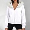 Women's Color Long Sleeve Hooded Zip Up Jacket with Pockets and Faux Collar