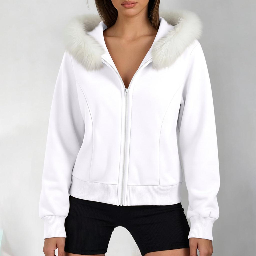 Women's Color Long Sleeve Hooded Zip Up Jacket with Pockets and Faux Collar