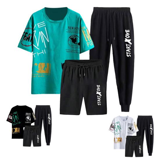 3Pcs/Set Men Sportswear Set Round Neck Short Sleeve T-shirt Elastic Drawstring Waist Shorts Sweatpants Set Printing Tracksuit