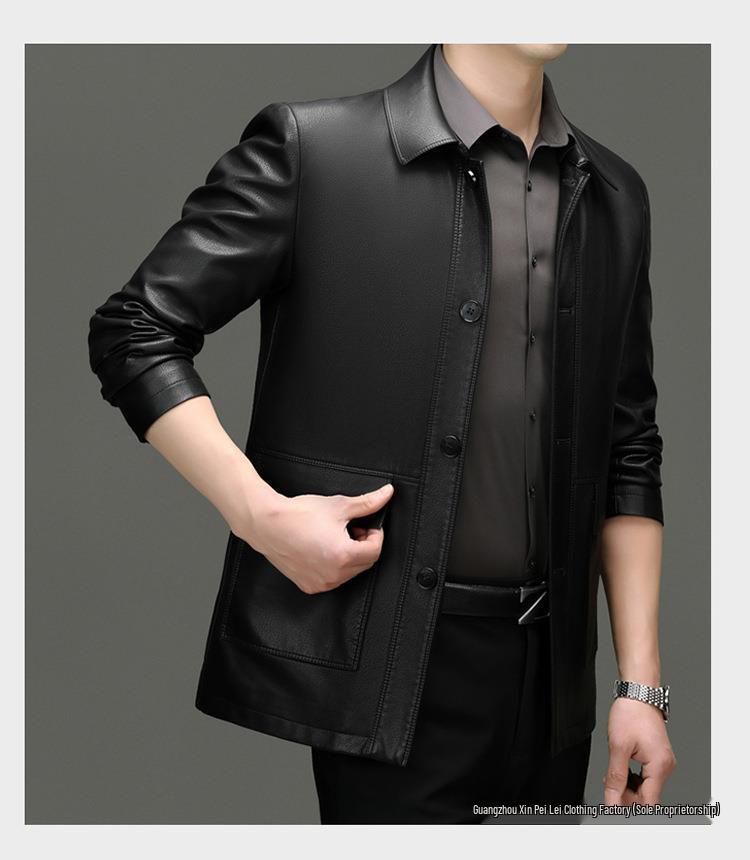 Men's Casual Sheepskin Leather Jacket: Turn-Down Collar, Ideal for Spring/Autumn, Perfect for Middle-Aged and Elderly.
