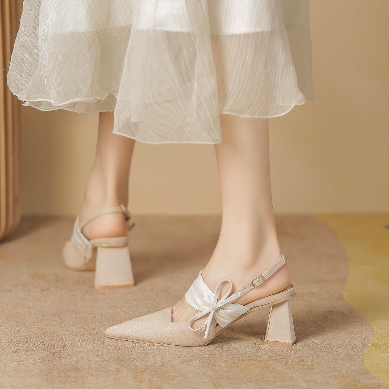 Baotou Sandals Women's New Summer Thick Heel Shallow Mouth Pointed Bow High Heels Women's Thick Heel Sandals