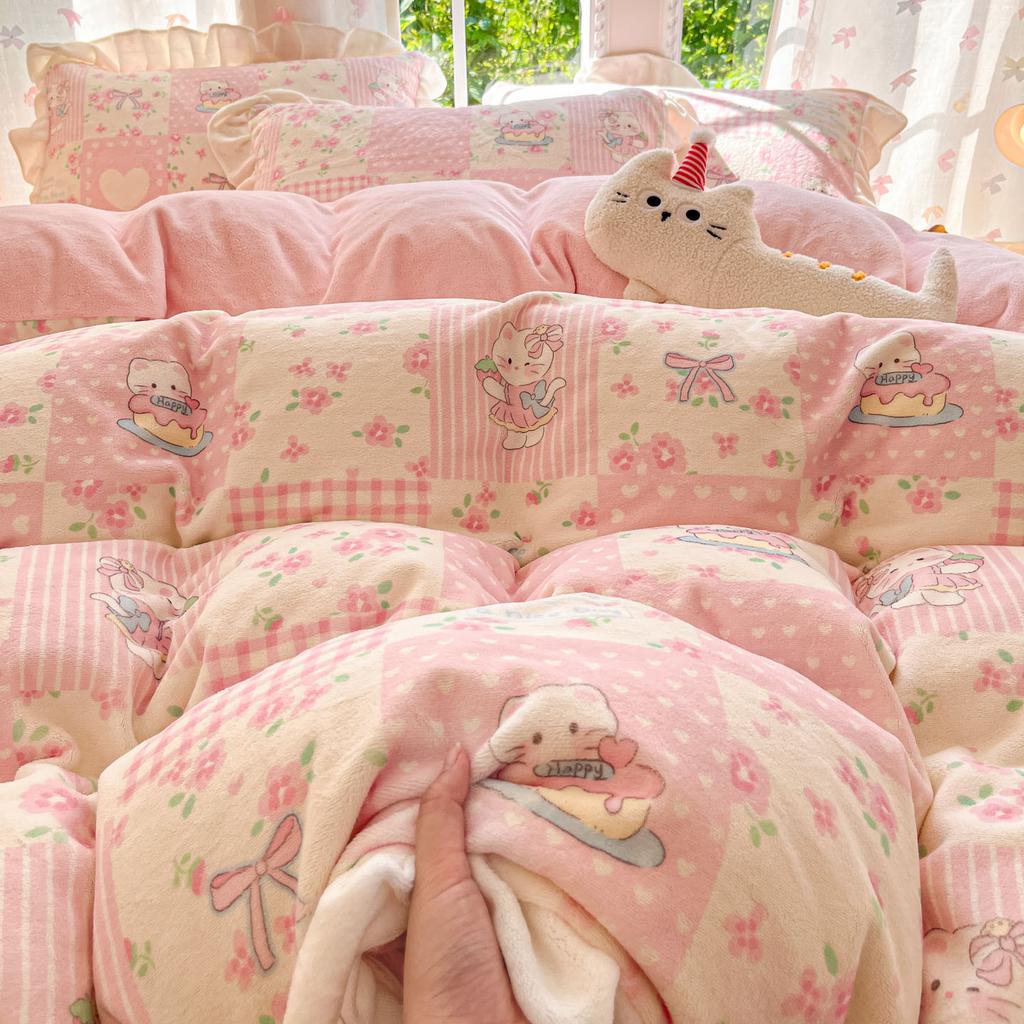 Thickened Milk Fleece Four-Piece Set, Lace Coral Fleece Quilt Cover, Bedding Fleece Bed Sheet Three-Piece Set