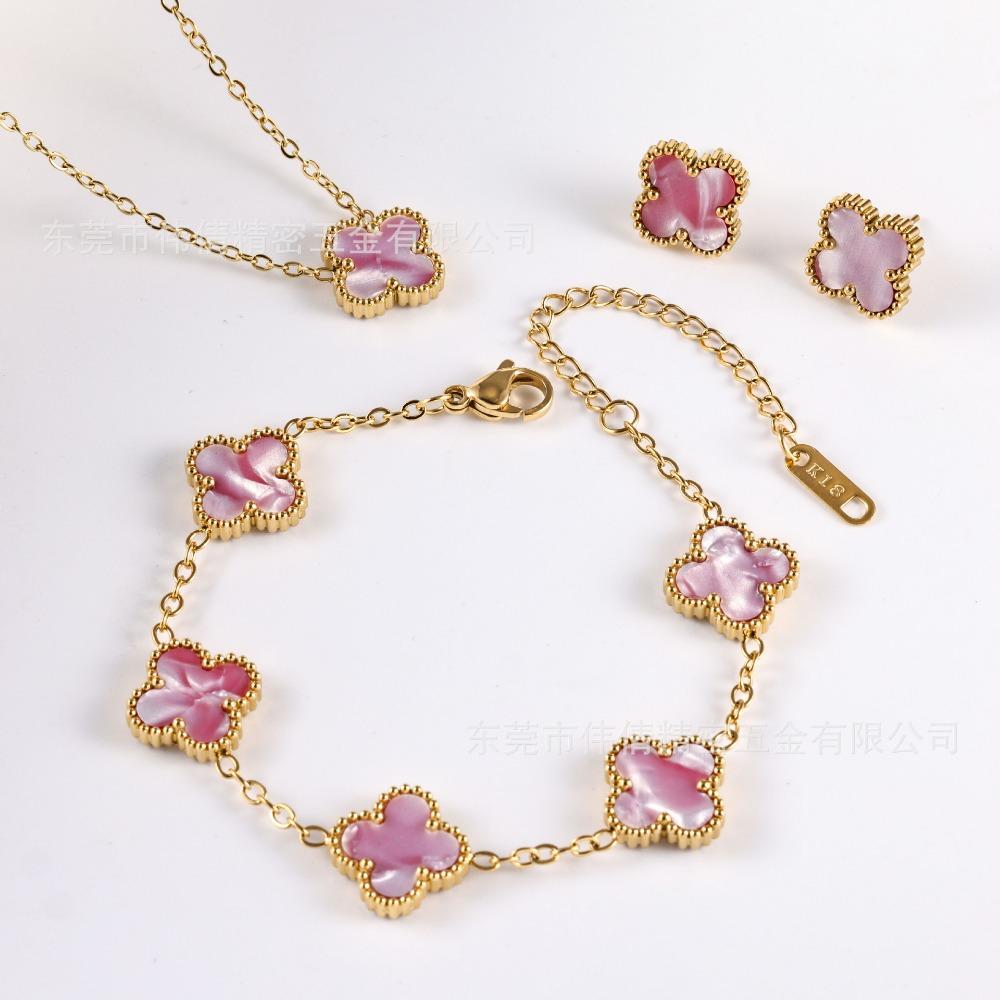 Women's and Girls' Four-leaf Clover Three-piece Set Colorfast Necklace Bracelet Earrings Jewelry