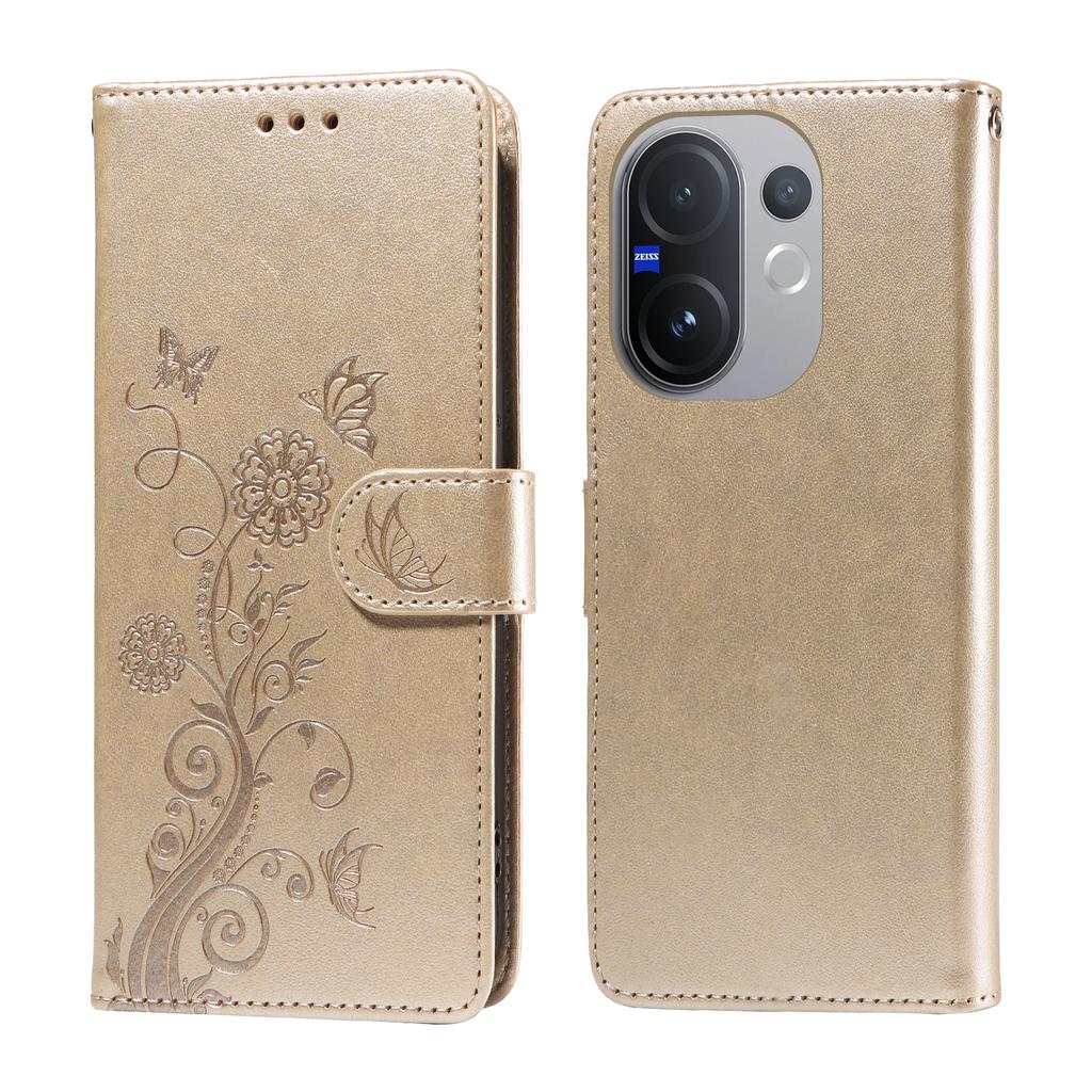 For Vivo V60 5G Leather Case Butterfly Floral Imprint Wallet Stand Cover