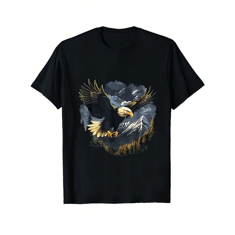 Men'S Majestic Eagle Mountain Graphic Tee - Black, Featuring an Artistic Eagle And Snowy Landscape, Machine Washable, Suitable for All Seasons