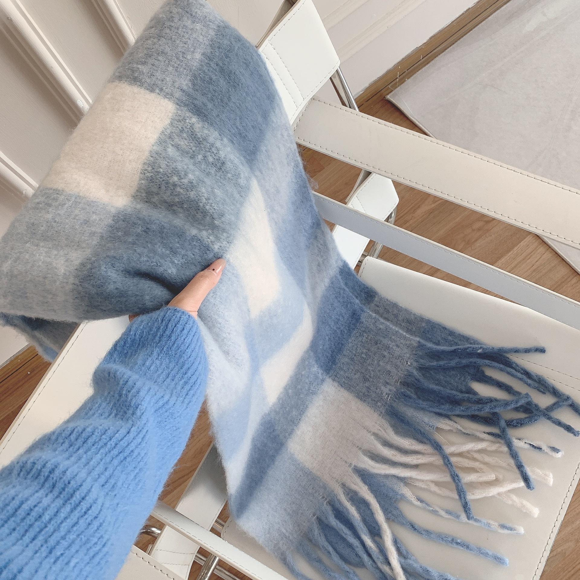 

Autumn Winter Women s Thickened Oversized Blue Plaid Fringed Scarf Fleece-Like Cashmere Warm Neck Warmer Student Large Shawl One Size
