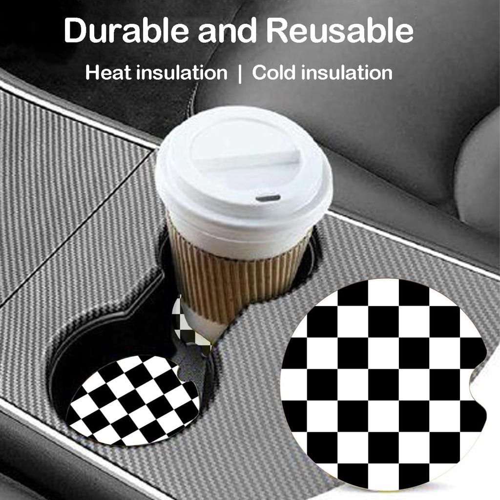 Black Checkerboard Ceramic Car Coasters – Absorbent Car Cup Holder Coaster Set for Women & Men, Cool Aesthetic Car Accessories, 2 Pack