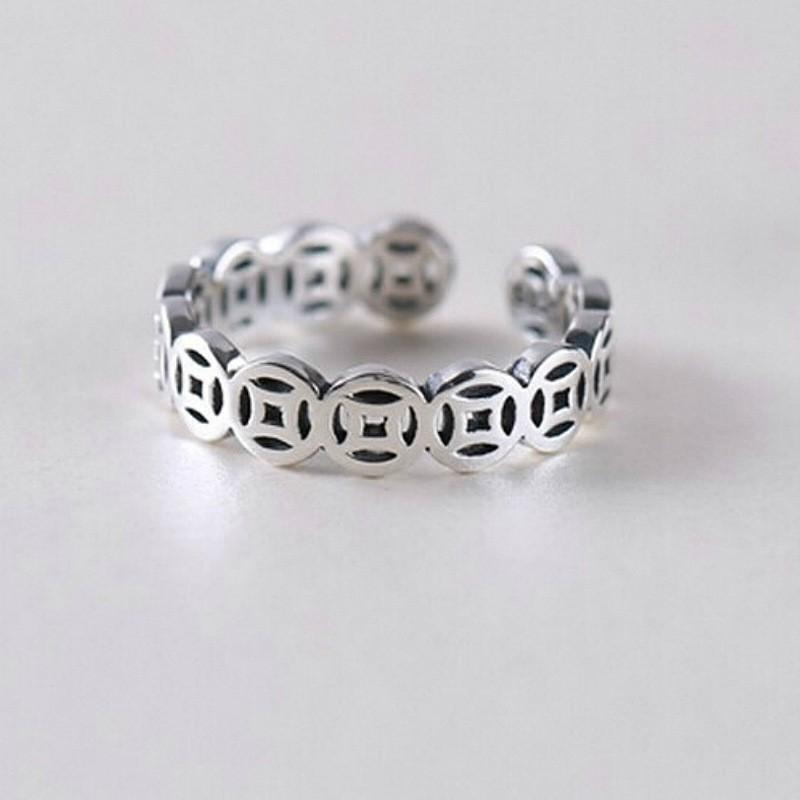 Adjustable Sterling Coin Motif Ring Men Women Vintage Oxidized Finish Finger Unisex Statement Jewelry