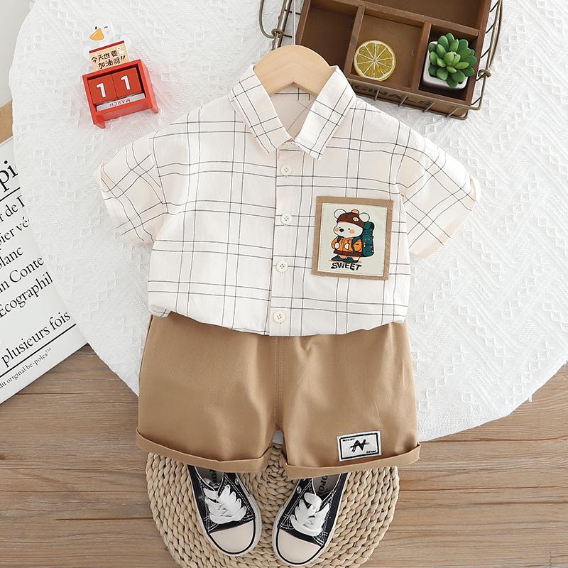 

Комплект из 2 предметов для мальчиков из хлопка - Детская клетчатая рубашка+шорты, комплект из двух предметов - Высококачественная детская повседневная одежда -S-XXL XXL бежевый