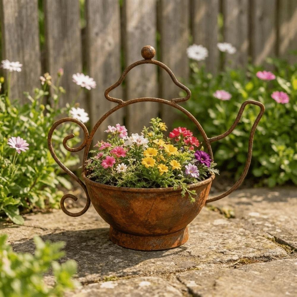 Decorative Kettle Shape Flower Pots Rust-Resistant Metal Teapot Planter Balcony