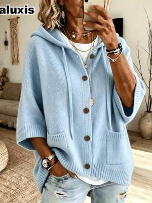 Autumn Winter New Knitted Cardigan Sweater with Hood, Solid Color Casual Fashion Coat for Women