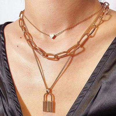 Women's Lock Pendant Necklace Women's Key Heart-shaped Multi-layer Necklace Steampunk Jewelry Gift