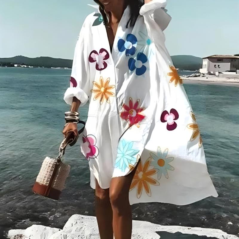 Spring or Summer Chic Ladies's Loose Casual Long Sleeve Shirt Dress Elegant Ladies's Casual White Print Lapel Single Breasted Dress