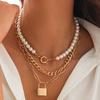 Simple Style Imitation Pearl Ot Buckle Necklace Women, Fashionable Metal Lock-Shaped Pendant Stacked Collarbone Chain