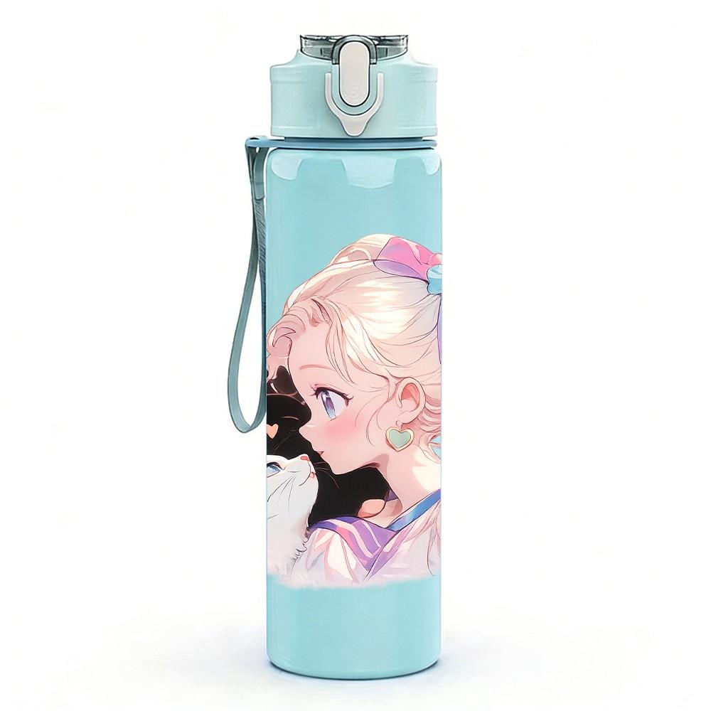 1PC Pastel Anime Girl Character Print 750ml Color Plastic Sports Water Bottle Leakproof Flip Straw Lid Suitable for Sports Office Home Use