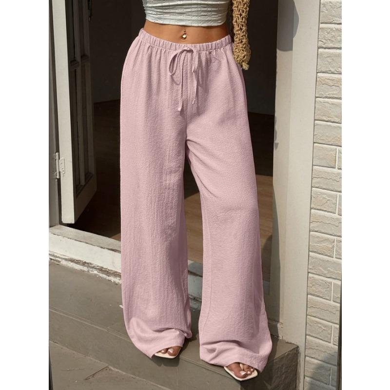 Women Casual Elastic Drawstring High Waist Wide Leg Pants Loose Lightweight Beach Vacation Trousers