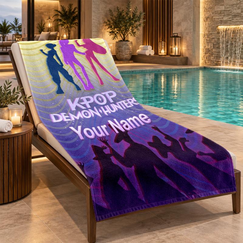 Custom Name KPop Demon Hunters Beach Towel Personalized Text Soft Towel Swimming Travel Bath Gift