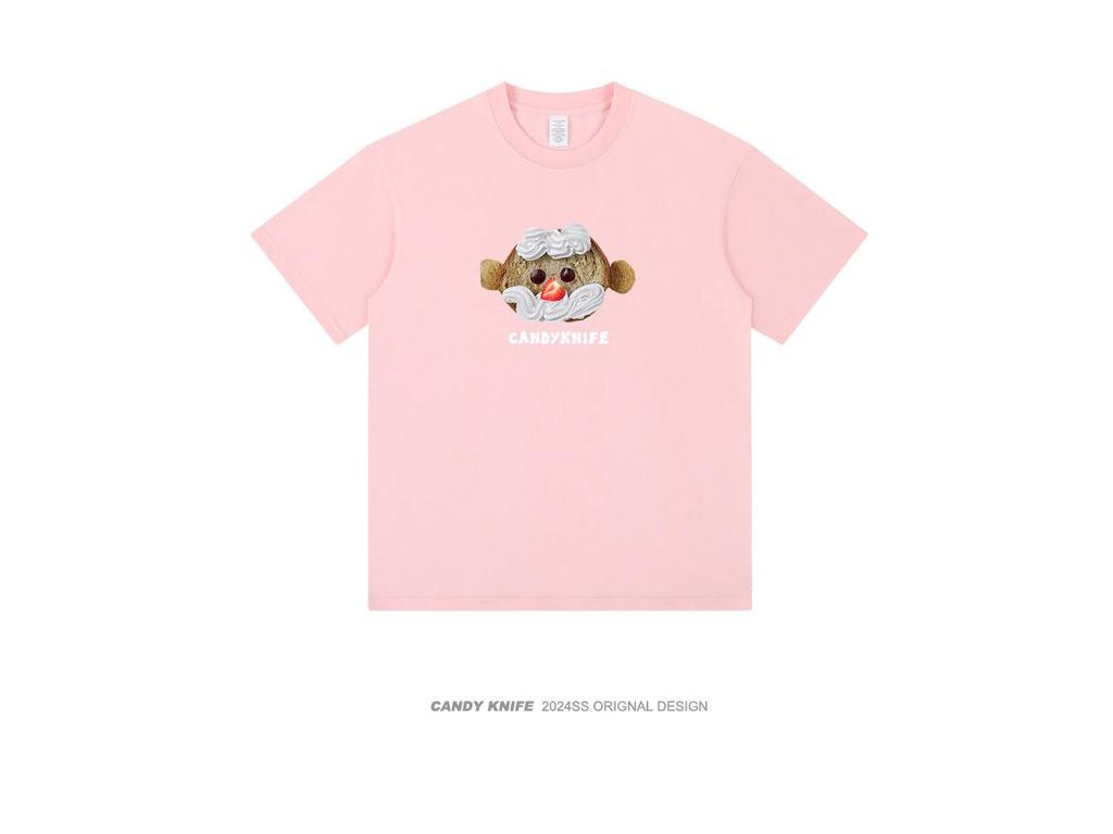 American Niche Design Fun Bread Print Pure Cotton Casual Loose Short-Sleeved T-Shirt for Men and Women, Summer 2024 Collection