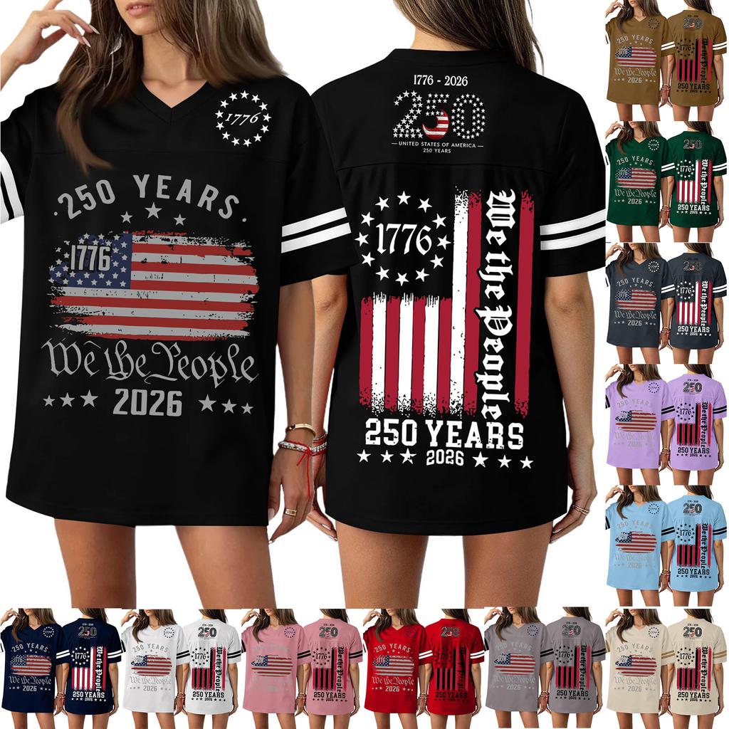 Womens Casual V Neck Jersey Style Short Sleeve Top 250th Anniversary Independence Day Print Loose Fit Sports T Shirt